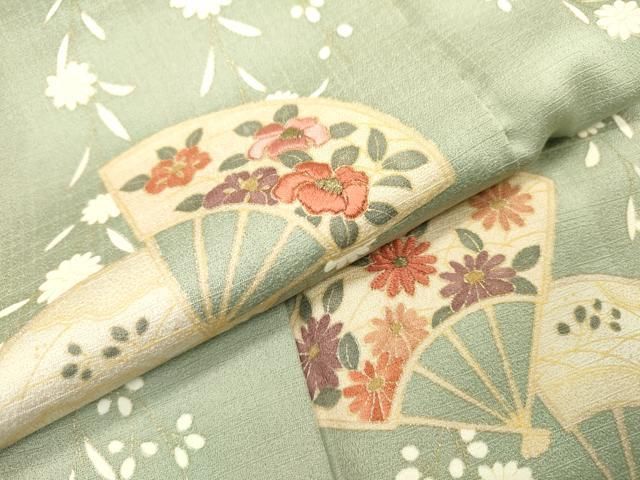 平和屋着物▽上質な小紋 刺繍 扇面花文 金彩 正絹 逸品