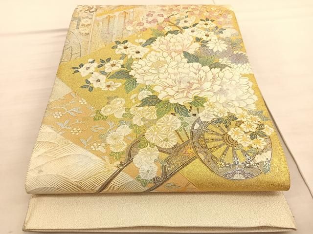 平和屋着物◎太鼓柄袋帯 刺繍 花籠文 金糸 正絹 逸品 DABA2061jm