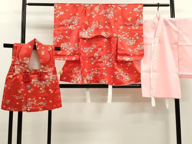 平和屋着物[]七五三　女の子　３歳　祝着　三つ身　長襦袢・被布セット　草花文　洗える着物　CAAR6629ze