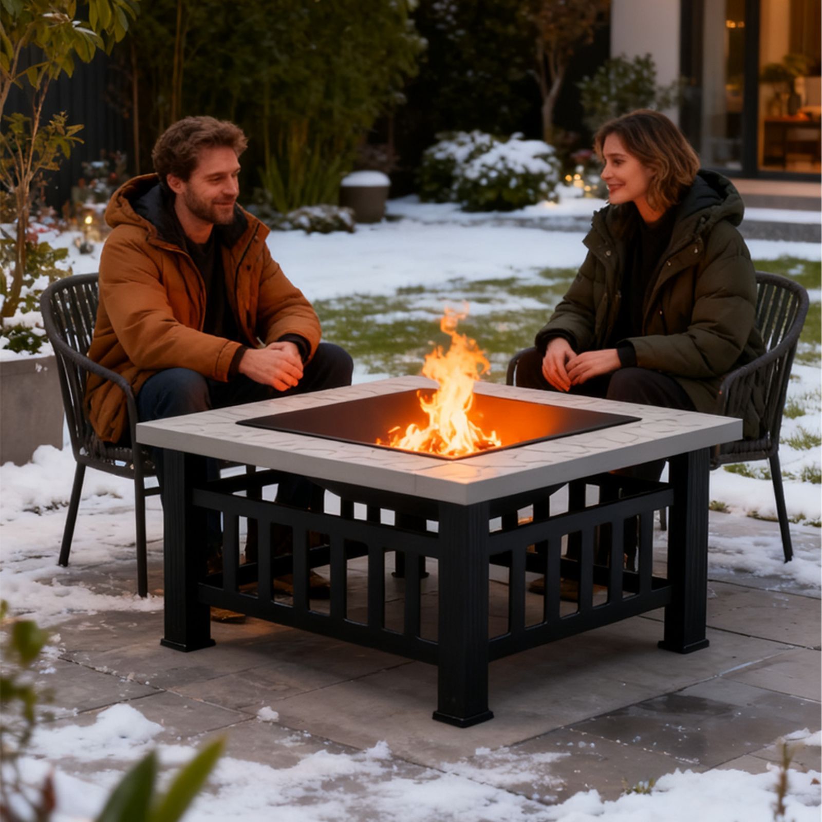 2個 ファイヤーピット 焚き火台 BBQコンロ 二次燃焼対応 大型 焼き網付き 大理石調テーブル アウトドア キャンプ 組立簡単 大理石調 ブラック