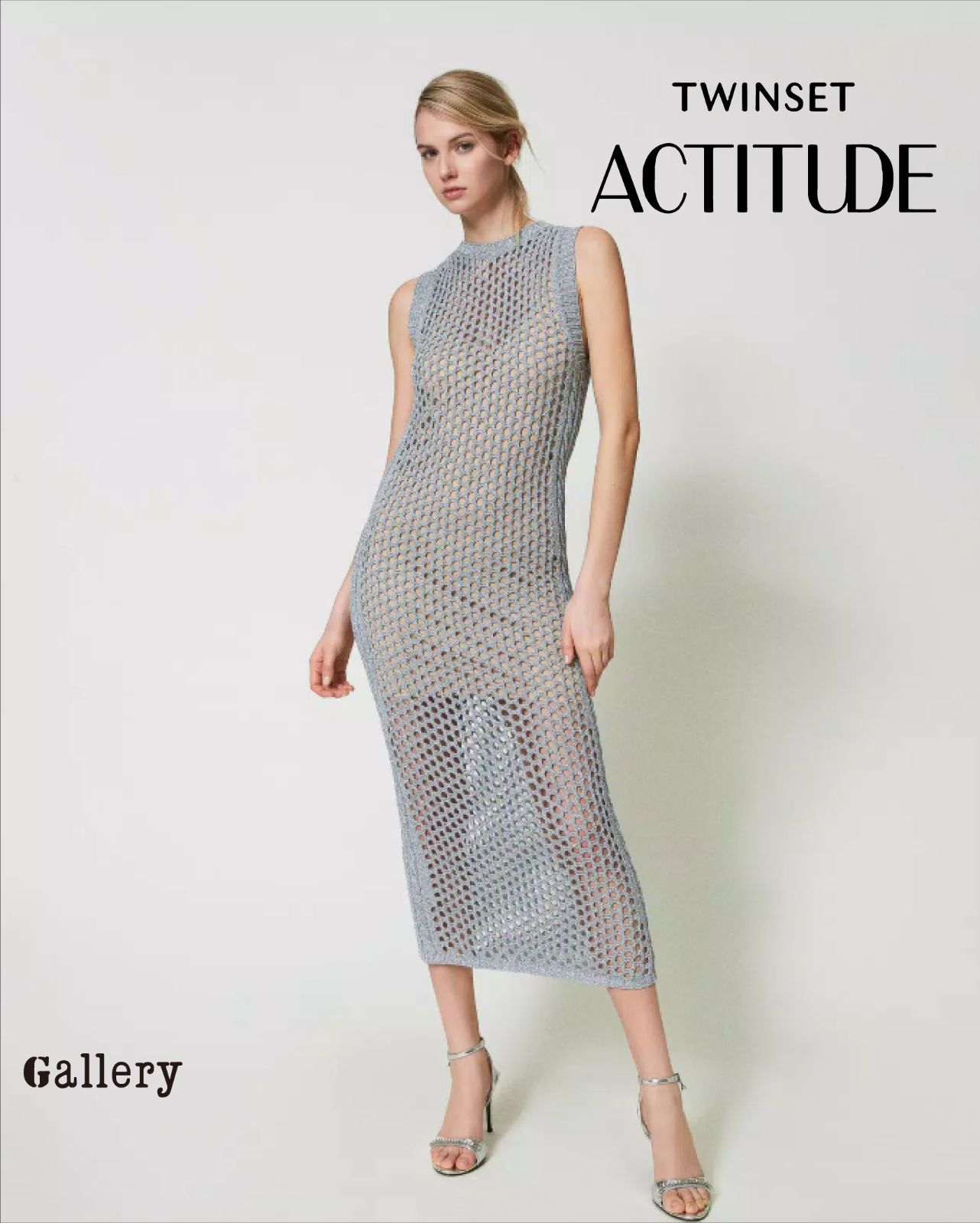 公式正規取扱い TWINSET ACTITUDE ツインセットアクティテュード シアー ニットドレス ニットワンピース メッシュワンピース シルバー