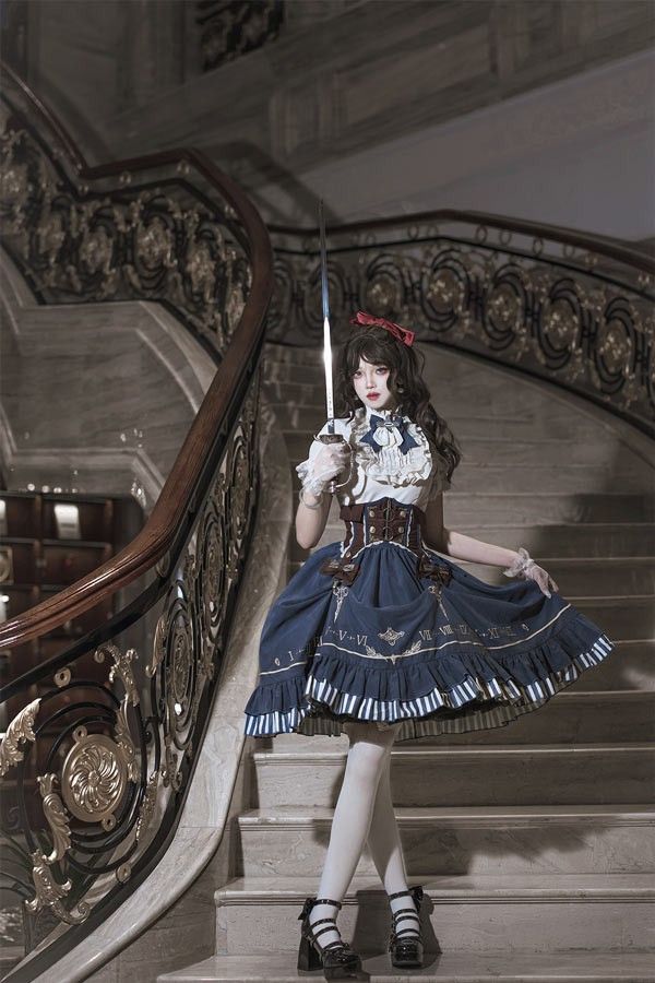 ロリータ スカート 3点セット リボン ストライプ柄 暗黒風 アイドル風 ショート丈 ミニ レディース ゴスロリ ハイウエスト Aライン レトロ風 ゴシック 夏 半袖 コスプレ コーディネート 仮装 パーティ イベント 文化祭 学園祭