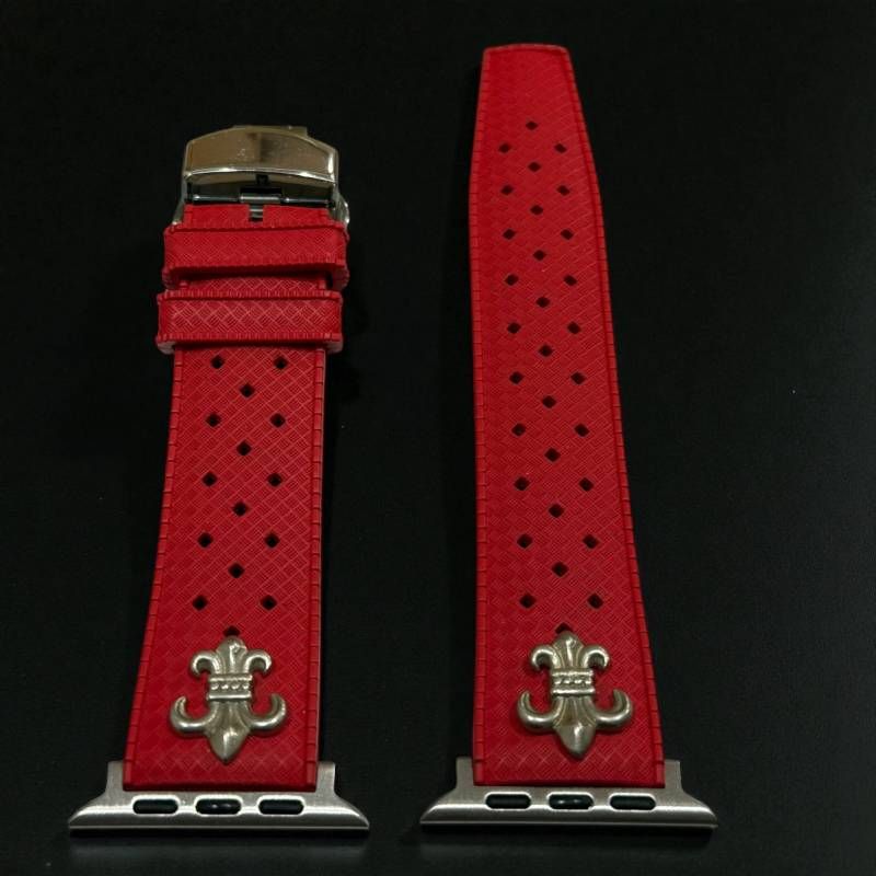 レッド　AppleWatch用フッ素ラバー　バンド　百合　紋章　コンチョ　アップルウォッチ用　カスタム　ベルト　38 40 41 42 44 45 46 49 SE 　Ultra