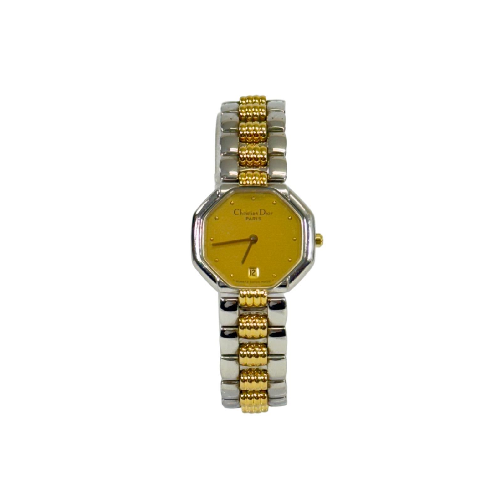 稼働品 Christian Dior クリスチャン ディオール スウィング スイング オクタゴン デイト クォーツ 腕時計 QZ ウォッチ コンビ ゴールド文字盤 D 48 203 SS GP レディース