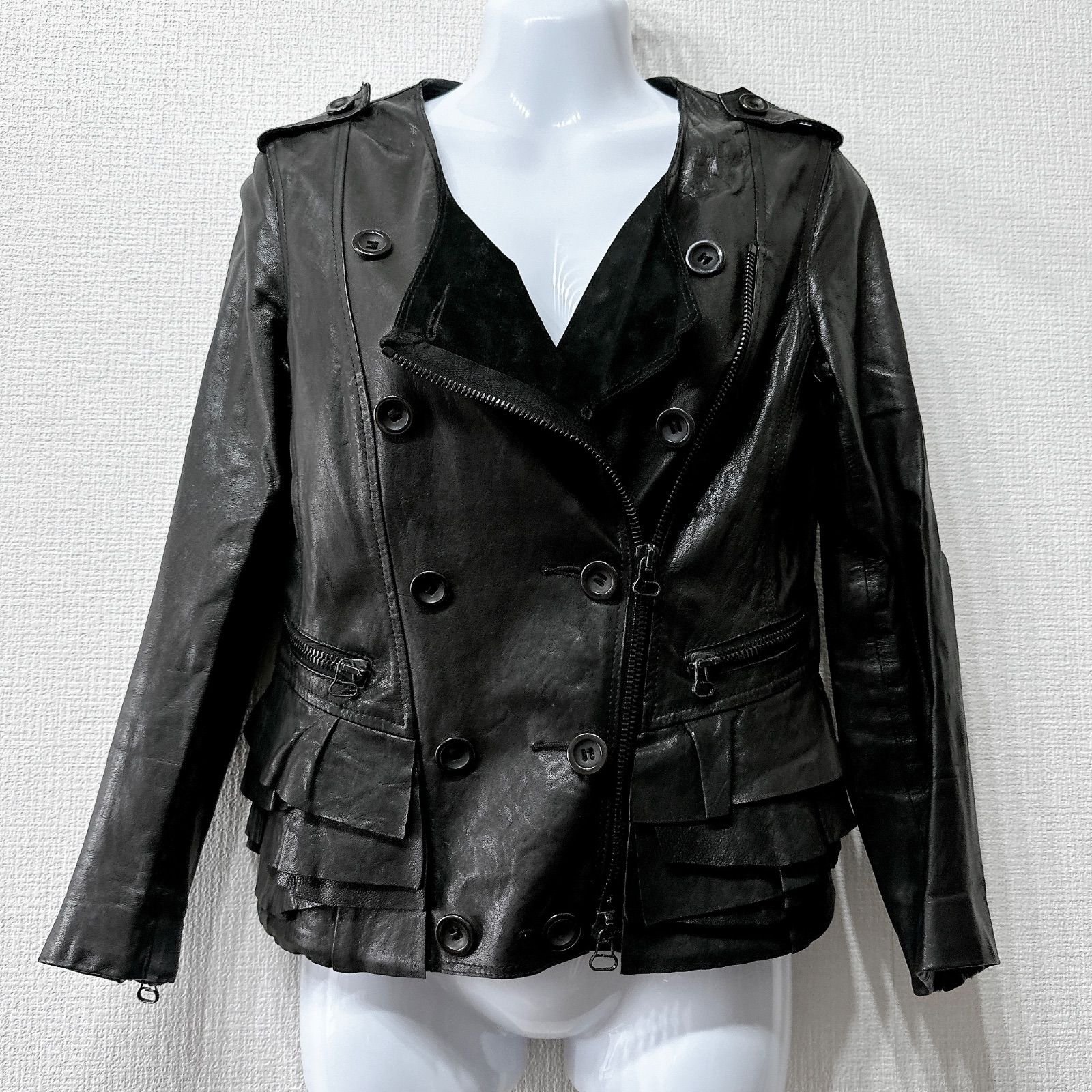 3.1 Phillip Lim 上質ラムレザー ×シルク裏地 立体ペプラム×ダブルブレスト 斜めジップ ライダース 黒 2 大人モード 秋冬万能 ドレス映え＆デニム相性抜群 フェミニン エレガント ウエストシェイプ