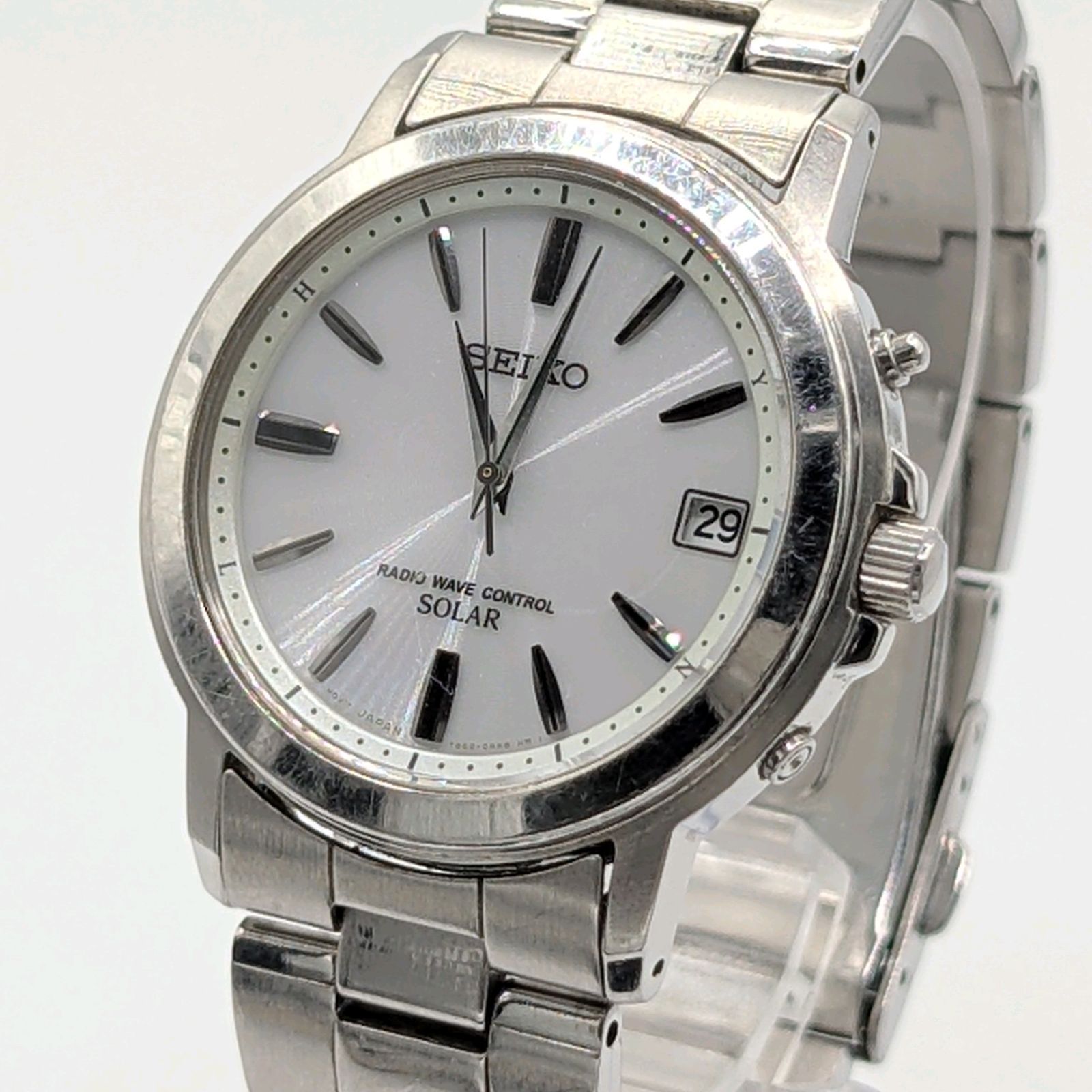 SEIKO 7 B 52-0 FA 0 Watch Solar Men s Round Silver Working セイコー 時計 ソーラー 電波ソーラー メンズ ラウンド シルバー デイト 稼働品