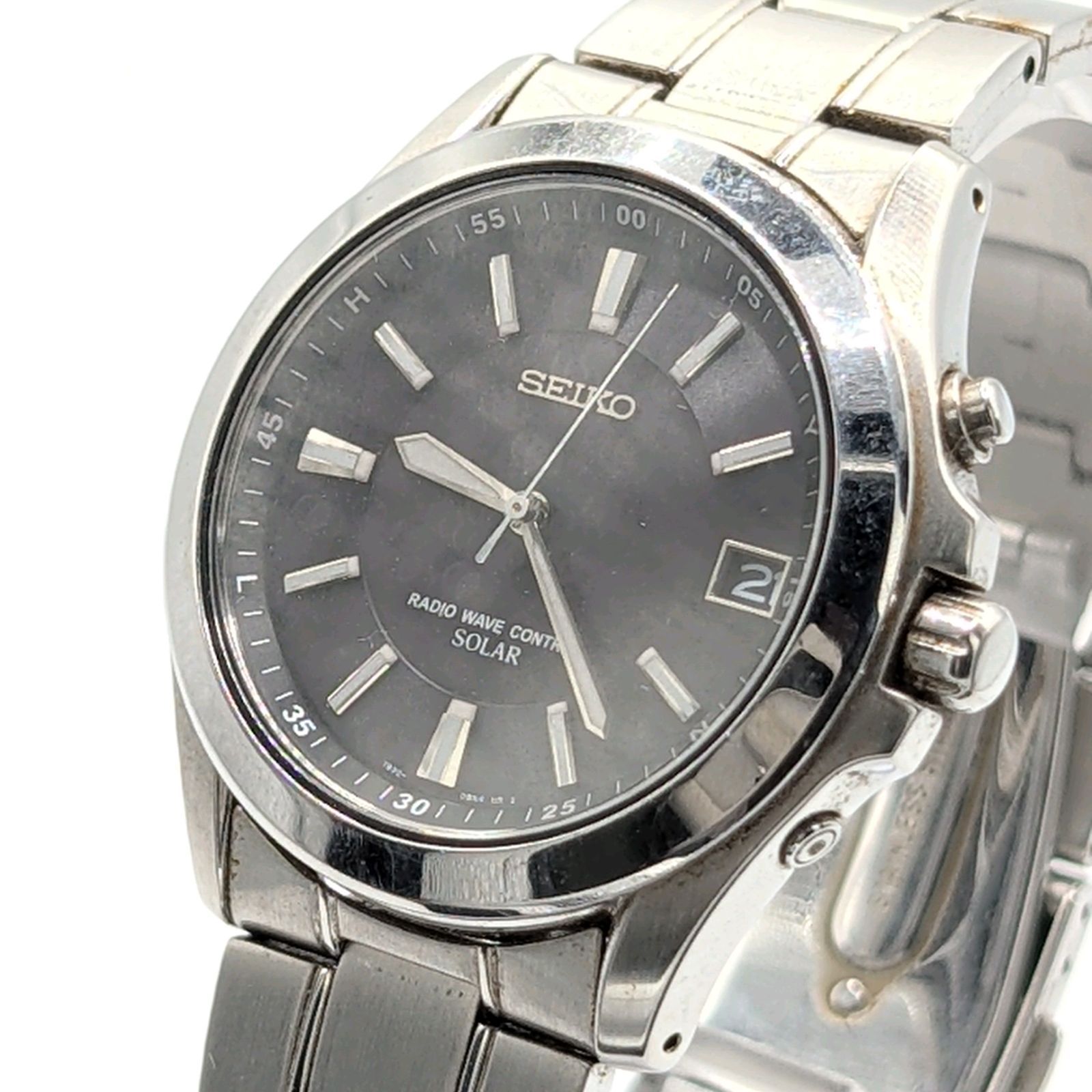 SEIKO 7B52-0FA0 Watch Solar Men s Round Silver Working セイコー 時計 ソーラー 電波ソーラー メンズ ラウンド シルバー 黒文字盤 デイト 稼働品
