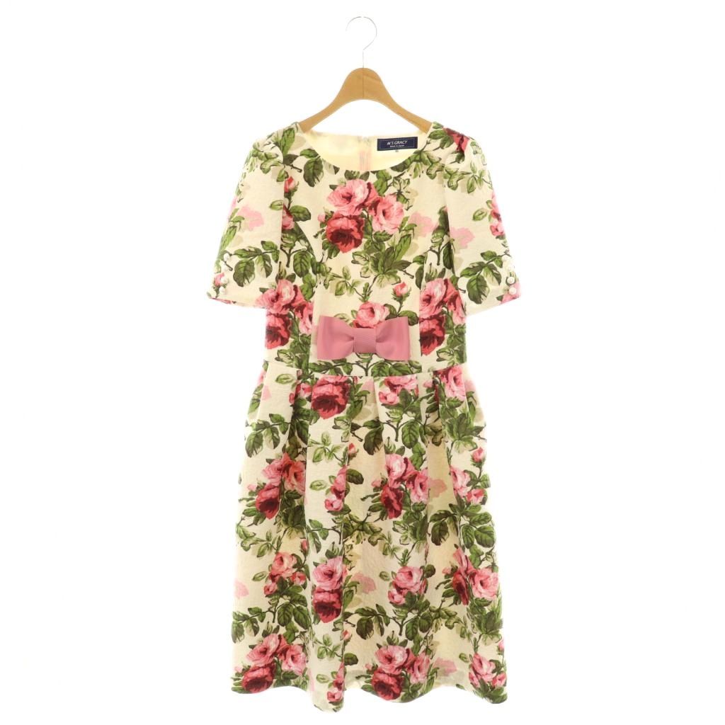 エムズグレイシー M S GRACY ブーケプリントドレス ワンピース ロング 半袖 38 ホワイト 311506 HK OS SH