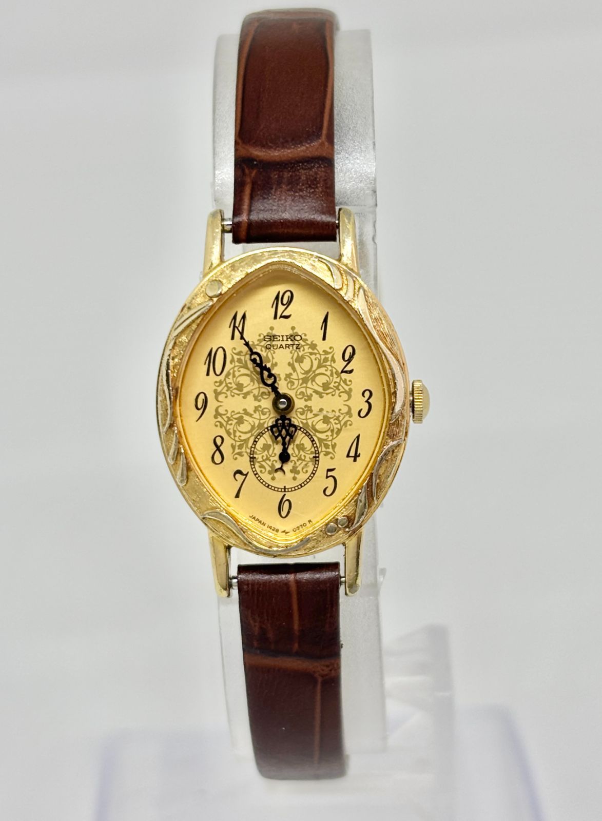 SEIKO セイコー 1428-5110|ゴールド文字盤|ゴールドケース| ブラウンレザーベルト|ティアドロップ型|レディース|クォーツ腕時計| 電池交換済|アンティーク調|W25-0136