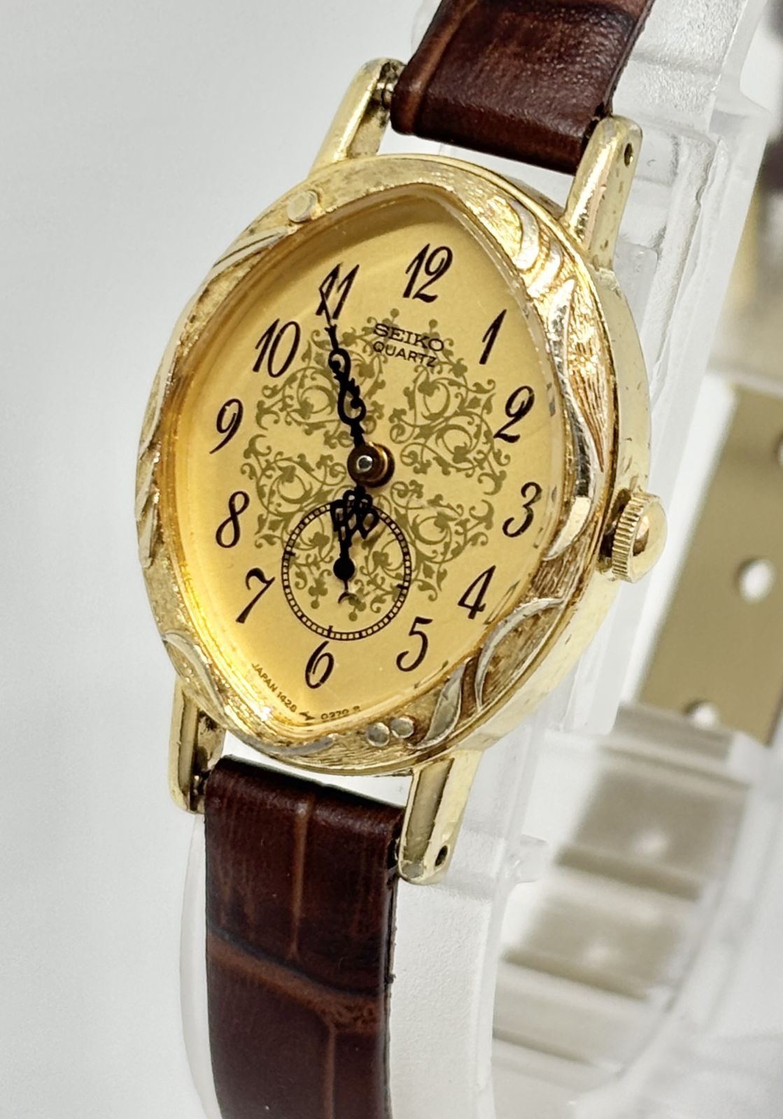 SEIKO セイコー 1428-5110|ゴールド文字盤|ゴールドケース| ブラウンレザーベルト|ティアドロップ型|レディース|クォーツ腕時計| 電池交換済|アンティーク調|W25-0136