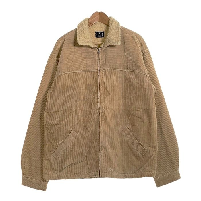 90 s STUSSY ステューシー コーデュロイ ジップアップ ボアジャケット ベージュ 裾ロゴ刺繡 中国製 紺タグ Size L