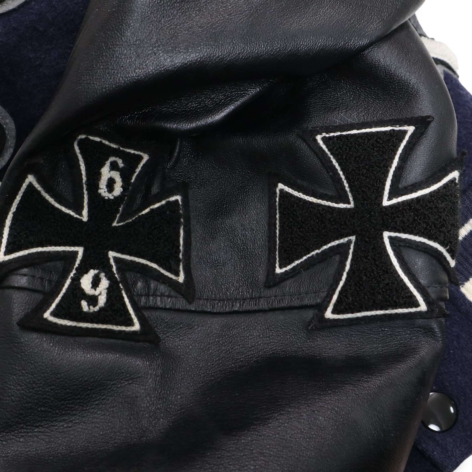 HOUSTON ヒューストン 秋冬 袖革☆ スカル ワッペン レザー × ウール