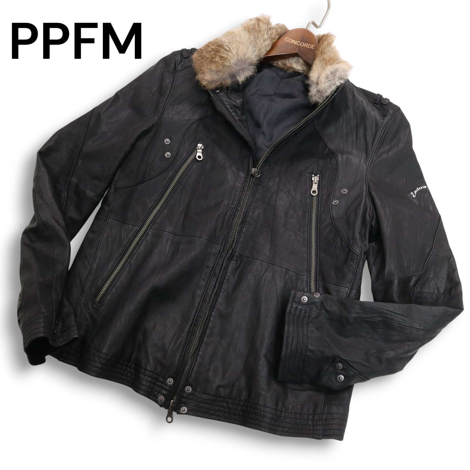 PPFM ペイトンプレイス 秋冬 ラビット ファー 羊革 ラム レザー シングル ライダース ジャケット Sz.L メンズ