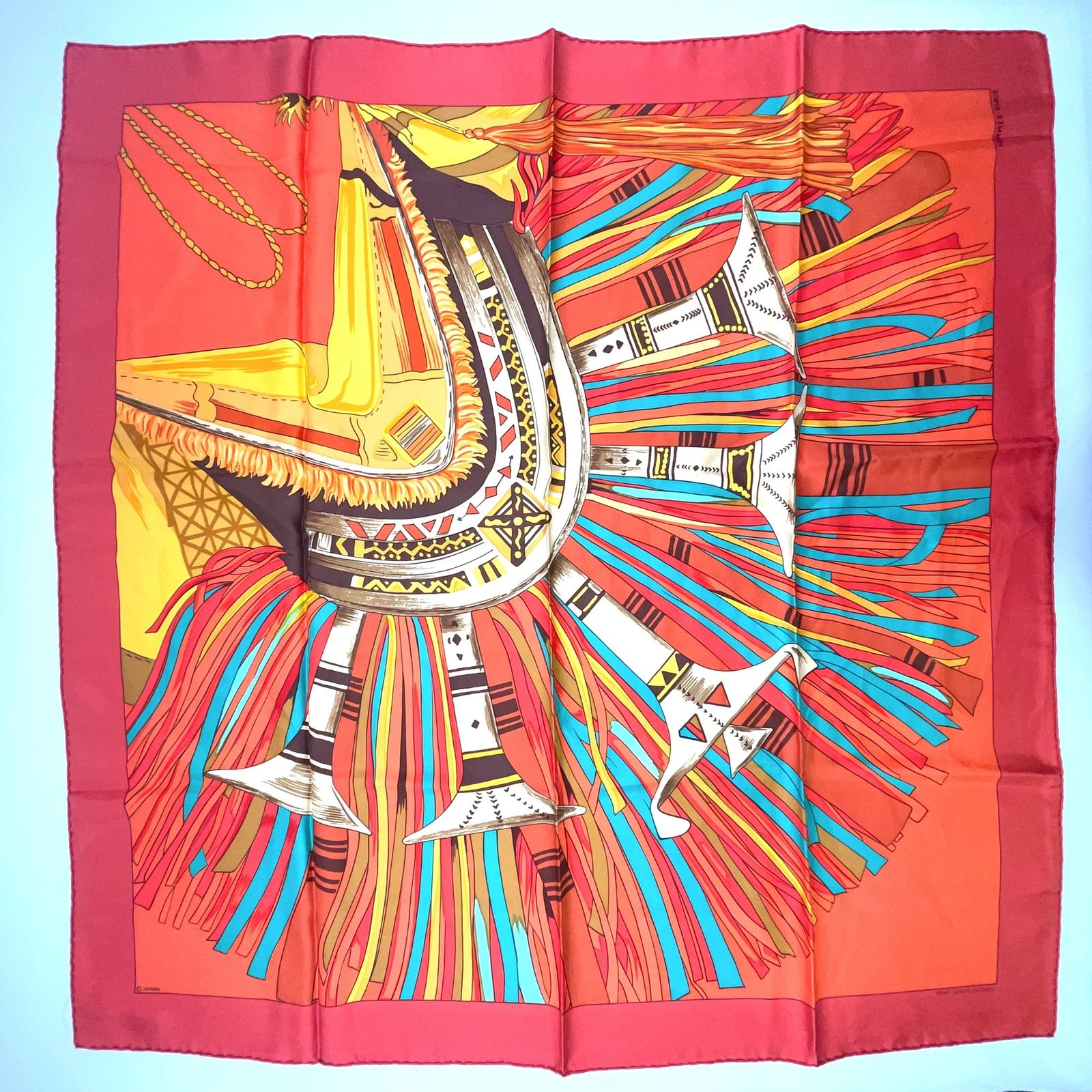 HERMES 砂漠の革飾り カレ90 シルク ブラウン×マルチ スカーフ