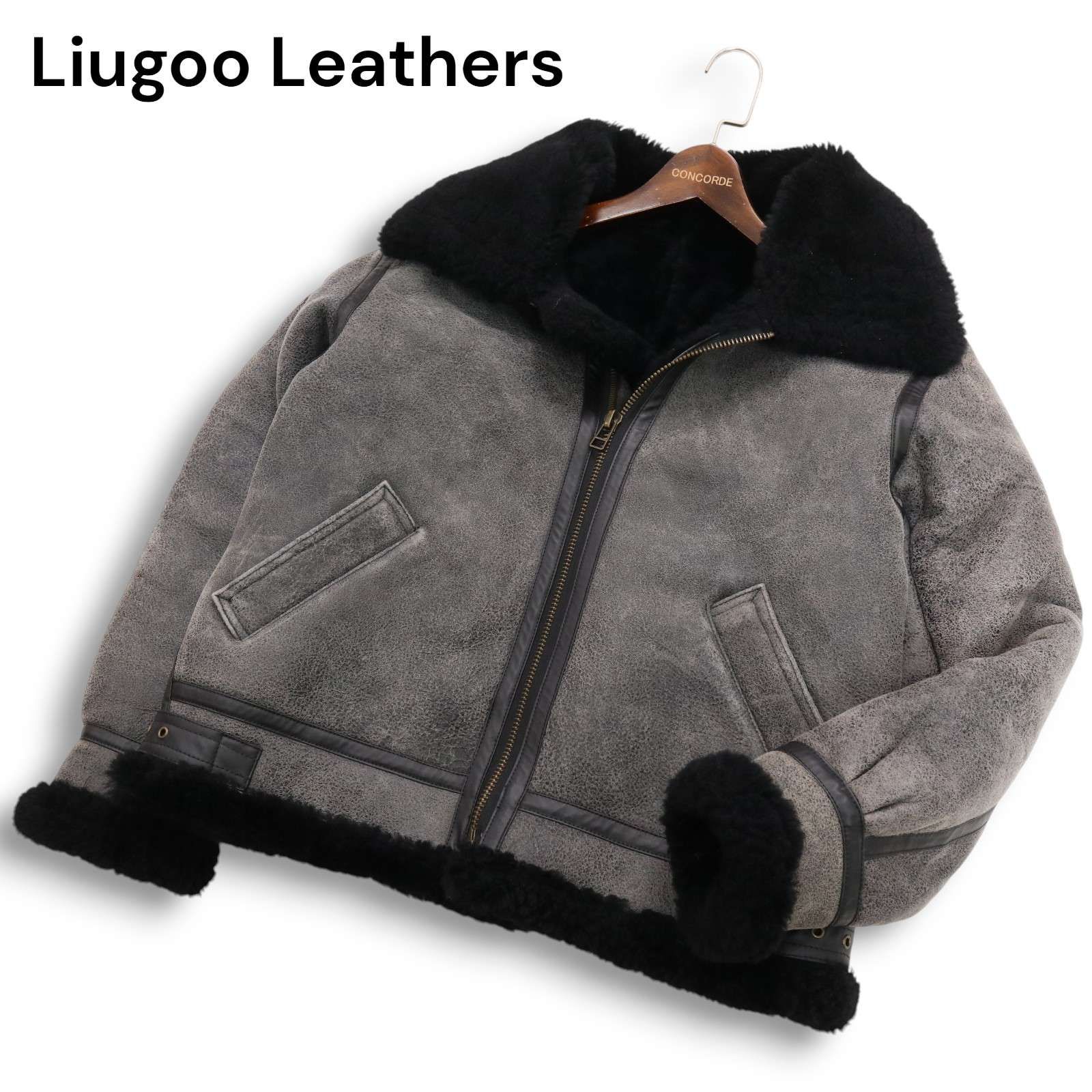 Liugoo Leathers リューグーレザーズ 本革 羊革 リアル ムートン B-3 フライト ジャケット Sz.L メンズ グレー