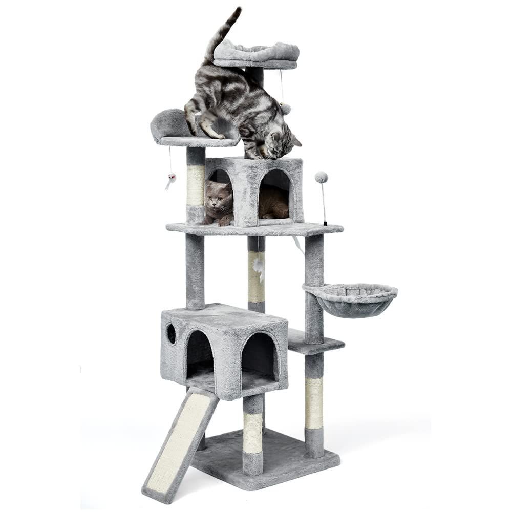 AIFY キャットタワー 据え置き スリム 大型猫 大型 中型 多頭飼い ハンモック おしゃれ かわいい 爪とぎ おもちゃ 猫タワー ねこ 安定 頑丈 爪研ぎ 麻紐 子猫 シニア 省スペース 170cm グレー