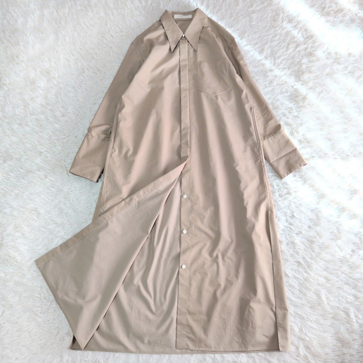 ESTNATION エストネーション パールボタン ロングシャツワンピース ストレッチ ベージュ 36 参考定価4万