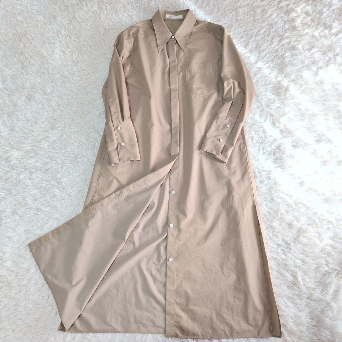 ESTNATION エストネーション パールボタン ロングシャツワンピース ストレッチ ベージュ 36 参考定価4万