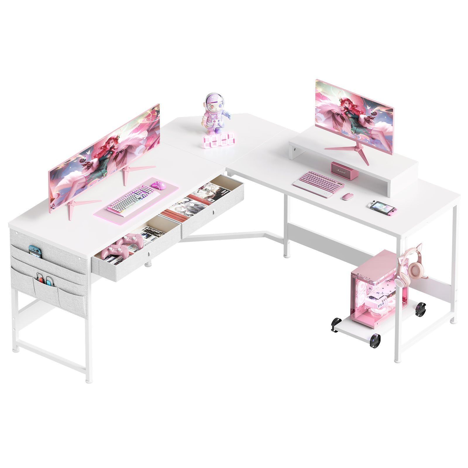 YeTom l字デスク 机 125cm x 125cm パソコンデスク つくえ ゲーミングデスク コーナーデスク サイド収納袋付き pcデスク ワークオフィスデスク 勉強机 在宅勤務 学習机 白い