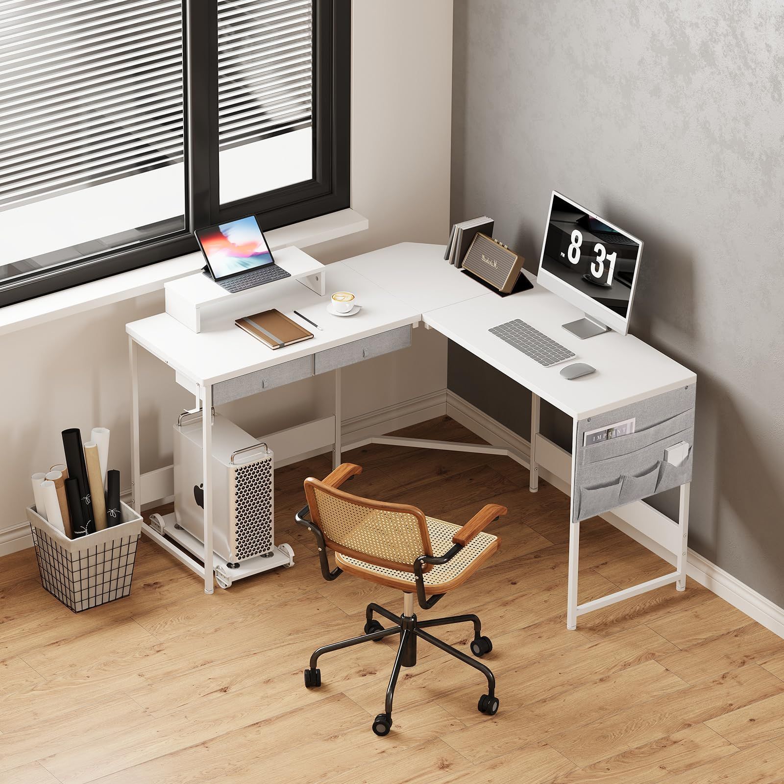 YeTom l字デスク 机 125cm x 125cm パソコンデスク つくえ ゲーミングデスク コーナーデスク サイド収納袋付き pcデスク ワークオフィスデスク 勉強机 在宅勤務 学習机 白い