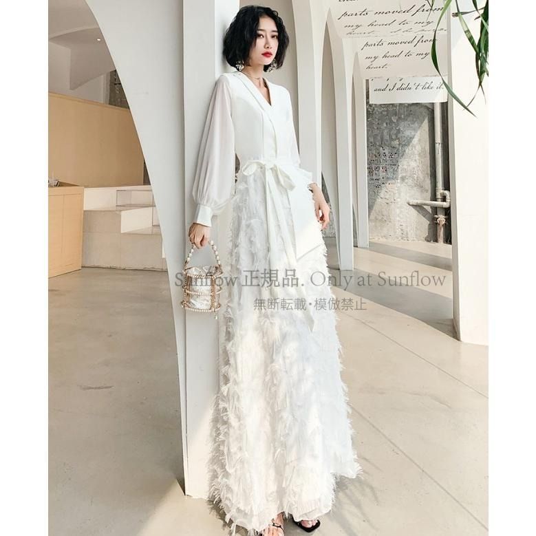 ウェディングドレス 白 黒 ドレス パーティードレス 結婚式 二次会 花嫁 ドレス お呼ばれドレス 袖あり 長袖 大きいサイズ 3L 4L 小さいサイズ フェザー CCLF1104P088