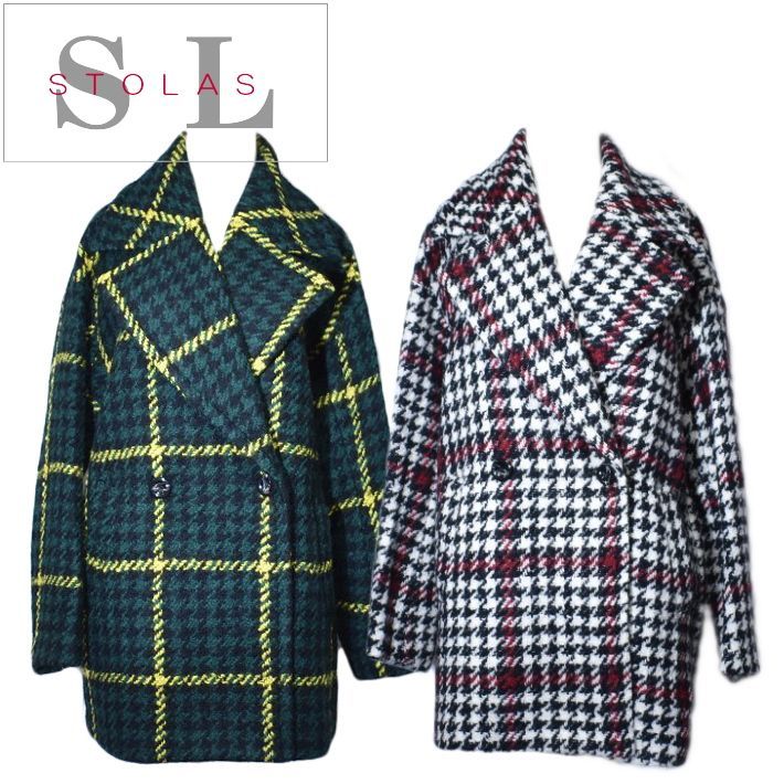 ブレザー ダブルジャケット テーラージャケット 冬コート 長袖ジャケット Ｐコート レディース ビジネス SL51-701 千鳥柄 黒ｘ黄ｘ緑 白ｘ黒ｘ赤 有名ブランド STOLAS