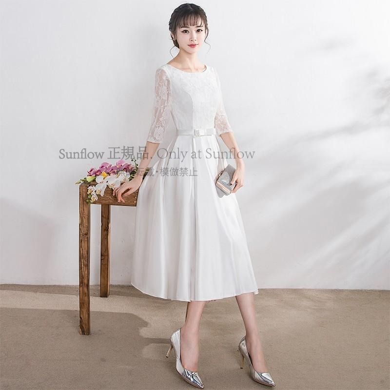 一部 ウェディングドレス 花柄 レース 結婚式 花嫁 二次会 ロングドレス 白 ホワイト ミディアム丈 袖あり 五分袖 ウエストマーク 大きいサイズ 3L 4L CCLF1104P066