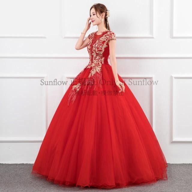 ウエディングドレス ドレス 花嫁 二次会 ドレス ロング 赤 ロングドレス 結婚式 花柄 プリンセスライン 大きいサイズ 3L 4L 上品 大人 CCLF1104P074