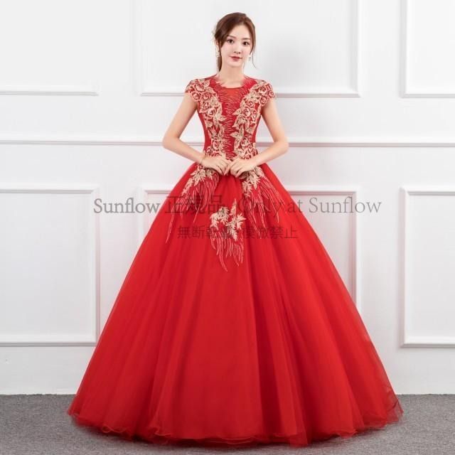 ウエディングドレス ドレス 花嫁 二次会 ドレス ロング 赤 ロングドレス 結婚式 花柄 プリンセスライン 大きいサイズ 3L 4L 上品 大人 CCLF1104P074