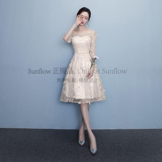 一部 ウェディングドレス ドレス リボン レース パーティードレス 白 ホワイト 赤 レッド 花柄 ひざ丈 マキシ丈 五分袖 袖あり フェミニン スレンダー CCLF1104P093 MAAHADDERANG_COM