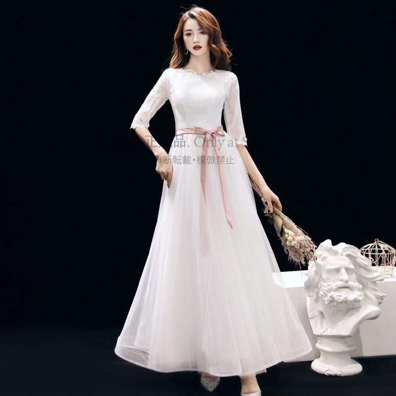 一部 ウェディングドレス 花柄 レース ウエストマーク リボン 結婚式 花嫁 二次会 ミディアム丈 ロングドレス 白 袖あり 五分袖 大きいサイズ 2L 3L CCLF1104P069