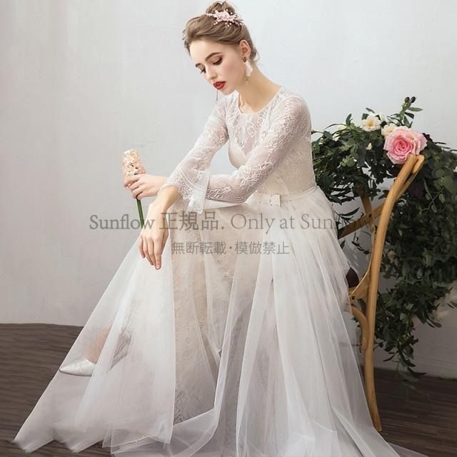ウェディングドレス 大きいサイズ 3l ウエディングドレス 袖あり 長袖 ウェディングドレス 白 二次会 花嫁 刺繍 総レース ベールスカート CCLF1104P124