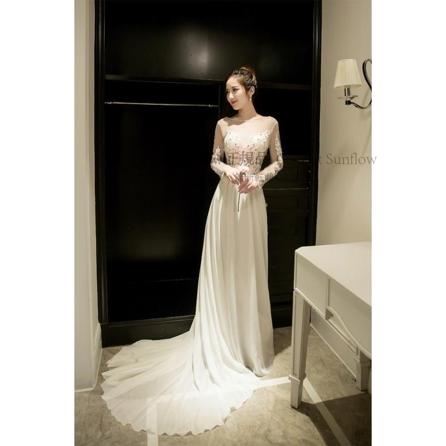 ウェディングドレス 白 長袖 小さいサイズ レース トレーンドレス シースルー 刺繍 袖あり マキシ丈 20代 30代 ホワイト フェミニン 大きいサイズ CCLF1104P098