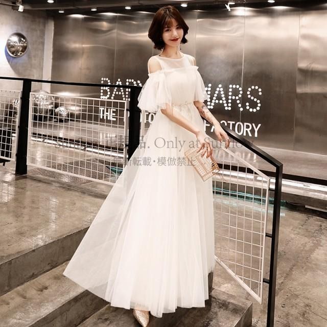 ウェディングドレス 白 オフショルダー フリル袖 チュール レースアップ ホワイト シースルー 透け感 セクシー エレガント お呼ばれ 大きいサイズ CCLF1104P089