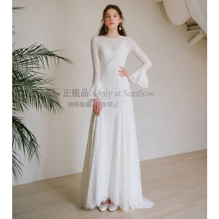 ウエディングドレス 長袖 白 ロングドレス 結婚式 花嫁 二次会 ドレス 袖あり トレーン スレンダーライン 総レース フリル 大きいサイズ シースルー フ 袖 CCLF1104P079