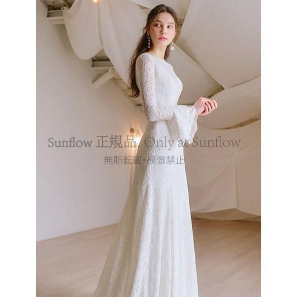 ウエディングドレス 長袖 白 ロングドレス 結婚式 花嫁 二次会 ドレス 袖あり トレーン スレンダーライン 総レース フリル 大きいサイズ シースルー フ 袖 CCLF1104P079