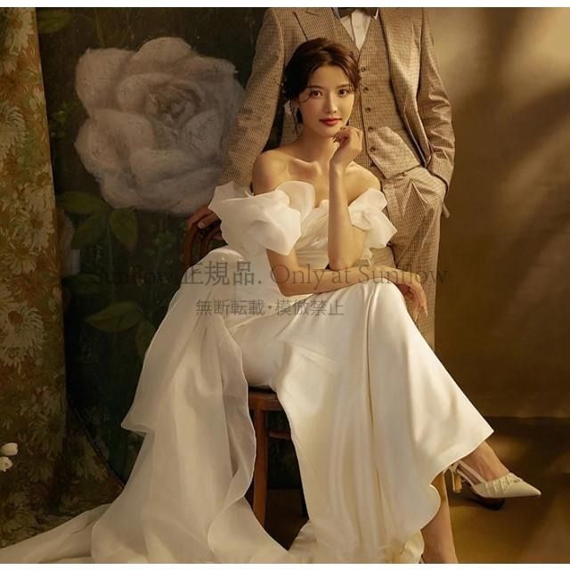 ウエディングドレス マーメイド トレーン ウェディングドレス 袖あり オフショルダー ドレス 白 ロングドレス 大きいサイズ フリル レースアップ 花嫁 CCLF1104P108