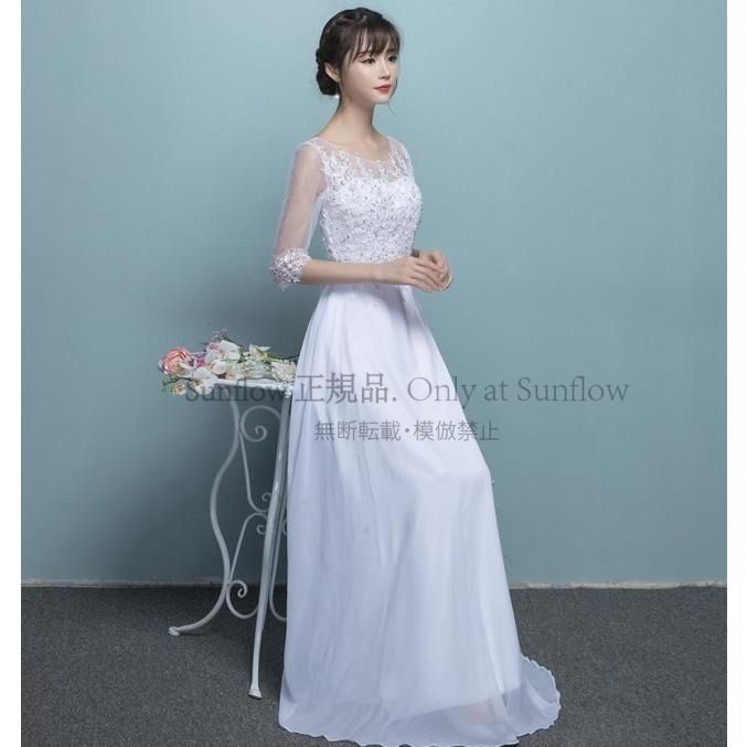 ウエディングドレス レース ロングドレス 袖あり ノースリーブ 白 ワンピースドレス Ｉライン ホワイト 花柄 透け感 シースルー フェミニン 大きいサイズ 3l CCLF1104P091 MAAHADDERANG_COM