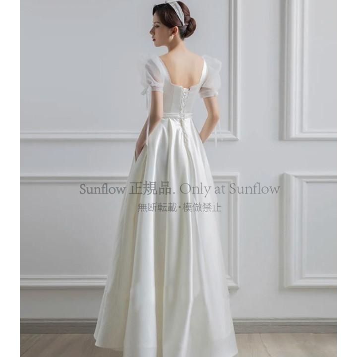ウエディングドレス パフスリーブ 袖あり ハイウエスト ウエストマーク Aライン フ エンパイアライン 白 ロングドレス 大きいサイズ 小さいサイズ 3L CCLF1104P099