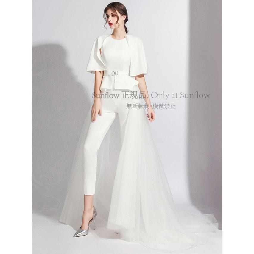 ウエディングドレス 袖あり ドレス パンツドレス かっこいい 結婚式 二次会 花嫁 ドレス 大きいサイズ 白 黒 赤 トレーン 個性的 モード系 CCLF1104P087