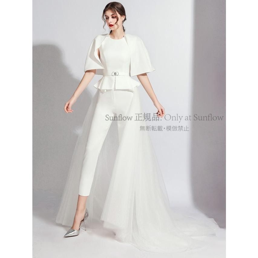 ウエディングドレス 袖あり ドレス パンツドレス かっこいい 結婚式 二次会 花嫁 ドレス 大きいサイズ 白 黒 赤 トレーン 個性的 モード系 CCLF1104P087