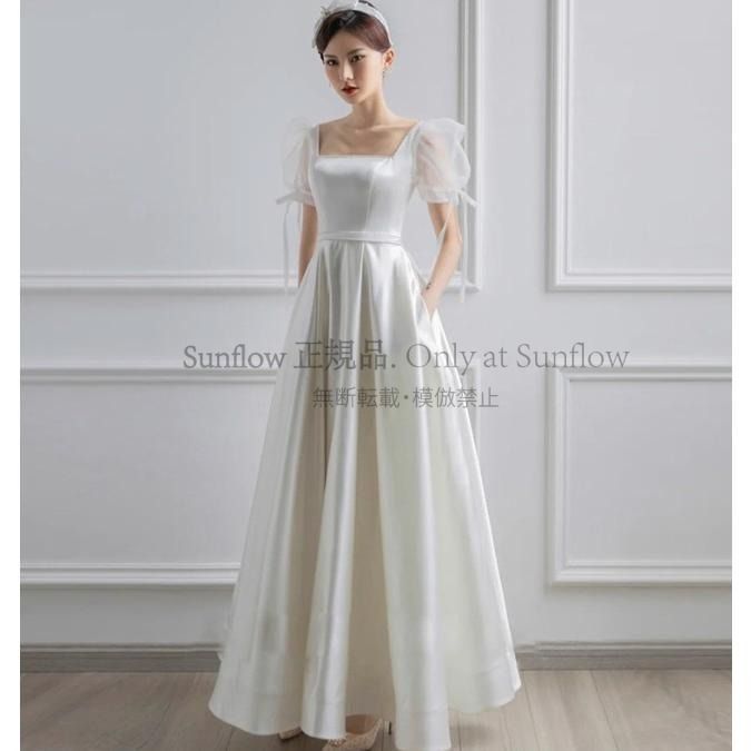 ウエディングドレス パフスリーブ 袖あり ハイウエスト ウエストマーク Aライン フ エンパイアライン 白 ロングドレス 大きいサイズ 小さいサイズ 3L CCLF1104P099