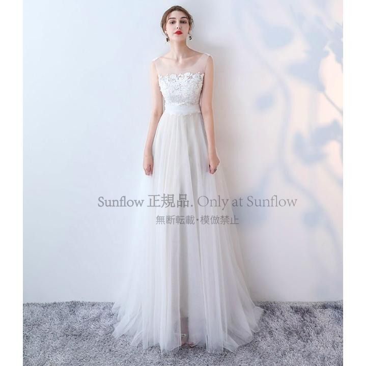 一部 ウエディングドレス 白 チュール ウェディングドレス 白ワンピース レース ノースリーブ ホワイト 花柄 Ａライン バックリボン スレンダー CCLF1104P101