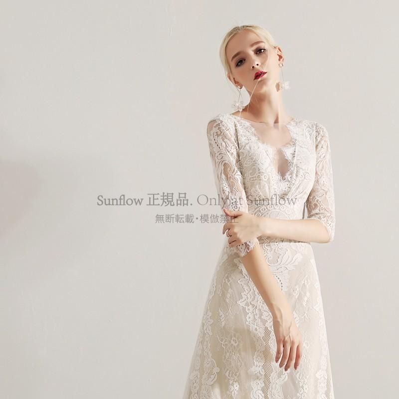 ウェディングドレス 袖あり 七分袖 結婚式 二次会 花嫁 刺繍 レース パーティドレス ロングドレス Vネック 花柄 総レース トレーンドレス