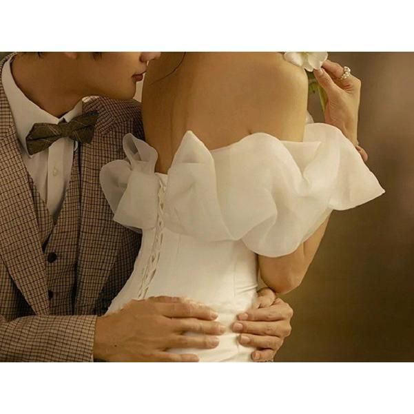  ウエディングドレス マーメイド トレーン ウェディングドレス 袖あり オフショルダー ドレス 白 ロングドレス 大きいサイズ フリル レースアップ 花嫁 ウェディングドレス ドレス ブライダル