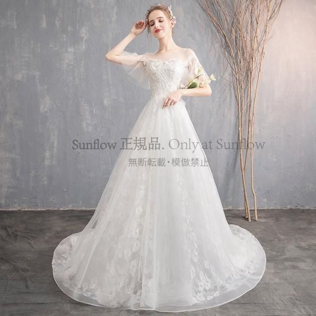 ウエディングドレス 白 結婚式 二次会 花嫁 ドレス ロングドレス 袖あり トレーン 刺繍 オフショルダー シースルー レースアップ 大きいサイズ 3L 4L CCLF1104P084