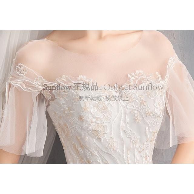 ウエディングドレス 白 結婚式 二次会 花嫁 ドレス ロングドレス 袖あり トレーン 刺繍 オフショルダー シースルー レースアップ 大きいサイズ 3L 4L CCLF1104P084 MAAHADDERANG_COM