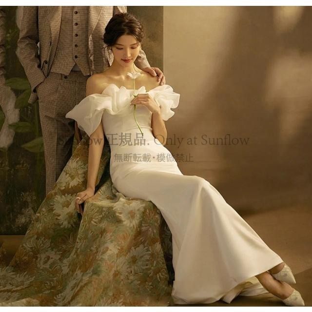 ウエディングドレス マーメイド トレーン ウェディングドレス 袖あり オフショルダー ドレス 白 ロングドレス 大きいサイズ フリル レースアップ 花嫁 CCLF1104P108