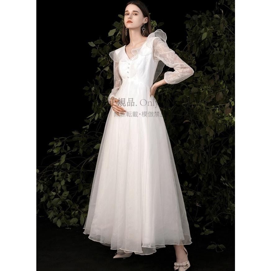 ウエディングドレス 長袖 袖あり 白 エンパイア 結婚式 二次会 花嫁 マタニティ ドレス ロングドレス 大きいサイズ 3L 小さいサイズ Aライン Vネック CCLF1104P068