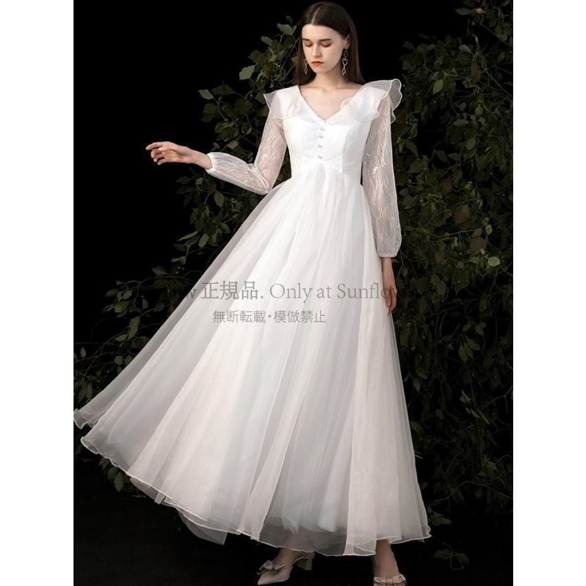 ウエディングドレス 長袖 袖あり 白 エンパイア 結婚式 二次会 花嫁 マタニティ ドレス ロングドレス 大きいサイズ 3L 小さいサイズ Aライン Vネック CCLF1104P068